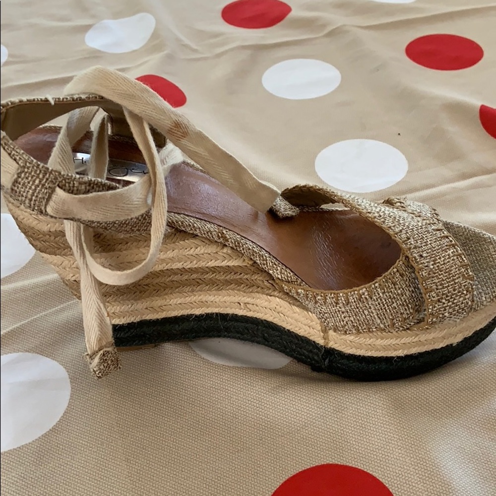 Halogen tan/beige ankle wrap wedges